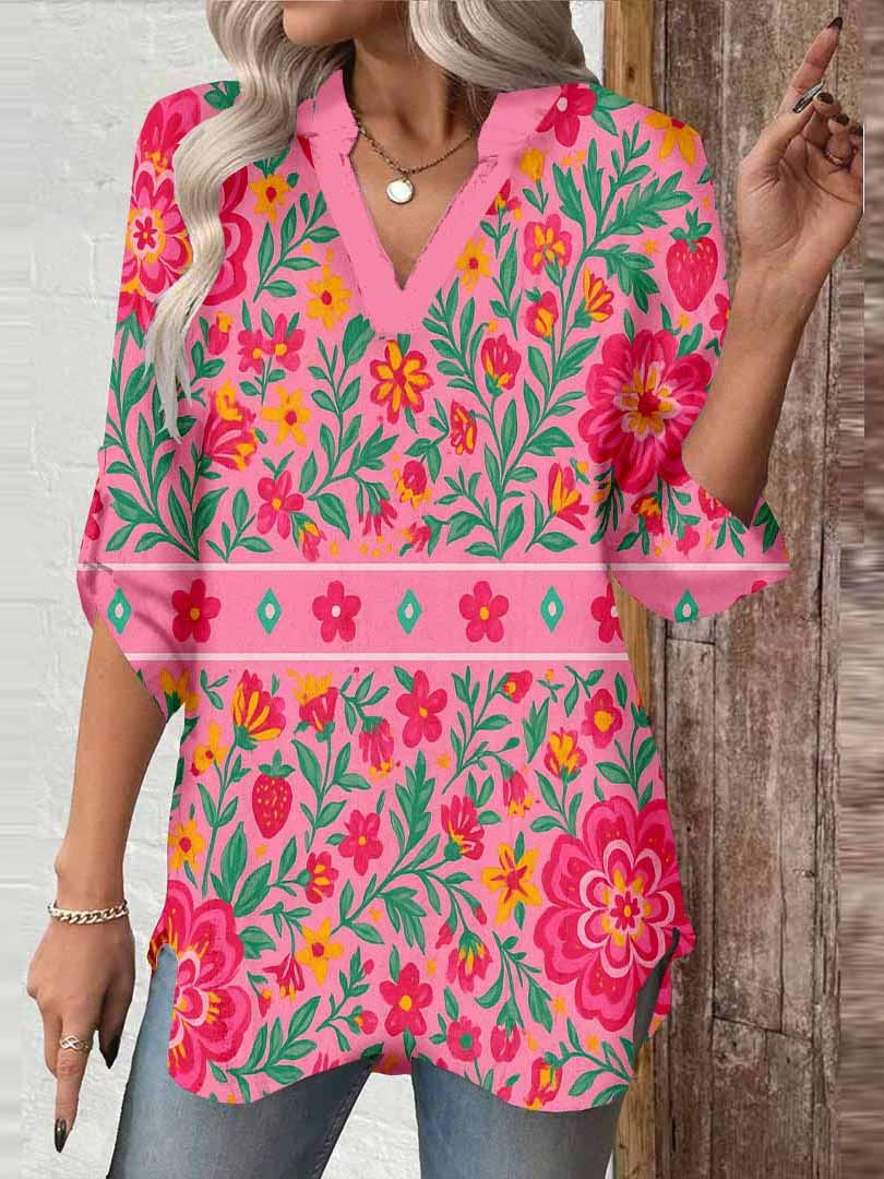 Women Floral, Rose, Gray DZGA0188 3/4 Sleeve V-neck Printed Graphic Button Tops