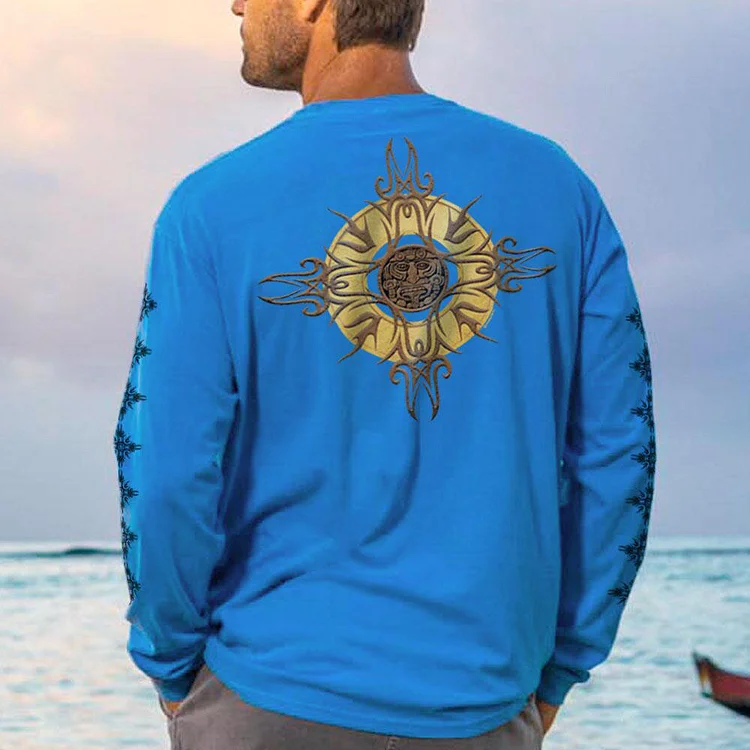 Long Sleeve Sun Medallion Blue Hawaiian Classic Crew Neck T-Shirt 65d3