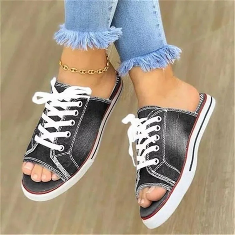 Yyvonne Spring And Summer Fish Mouth Denim Cloth With Casual Flat Bottom Lady Cool Slippers Large Size With Slippers Women