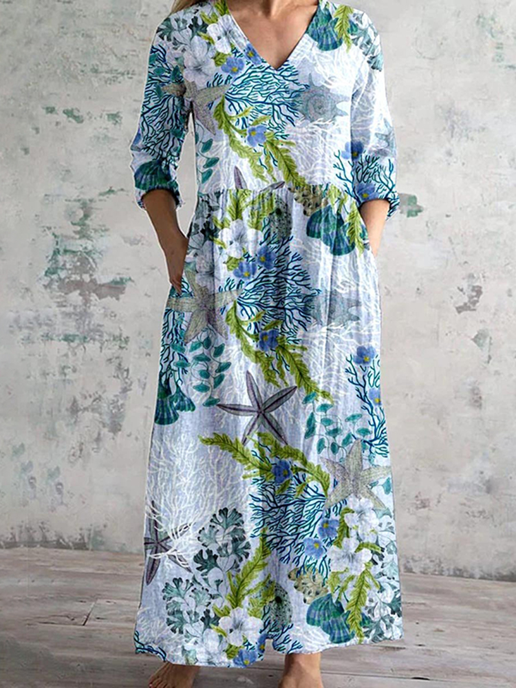 Comstylish Marine Print V-Neck Loose Midi Dress