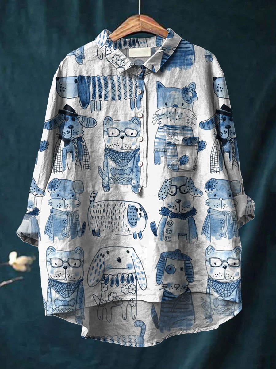 Women's  Dog Print Casual Cotton And Linen Shirt