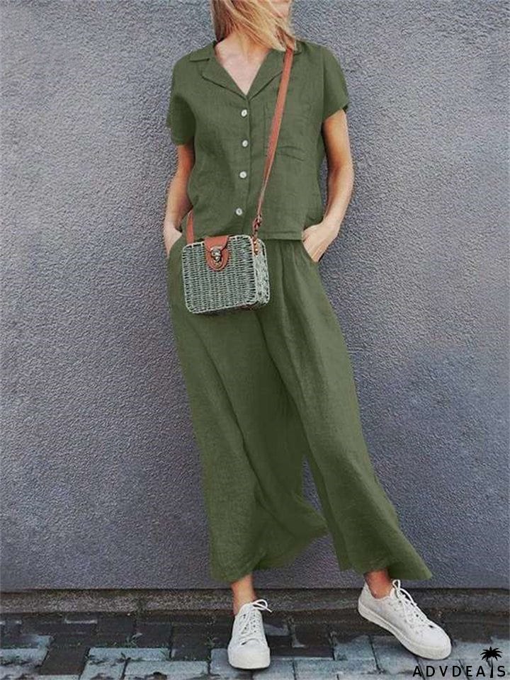 Women's Vintage Cotton Lapel Short Sleeve Shirt and Loose Pants
