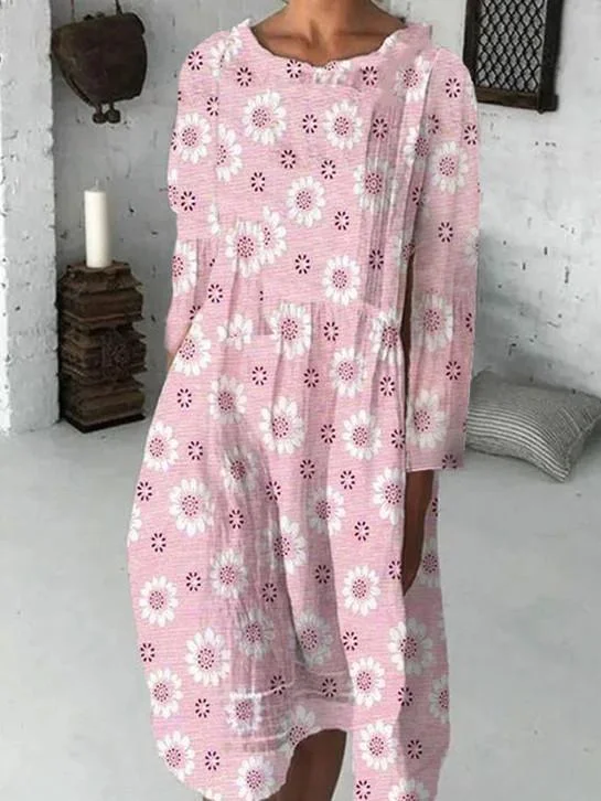 Simple Round Neck Short Sleeve Printed Midi Dress