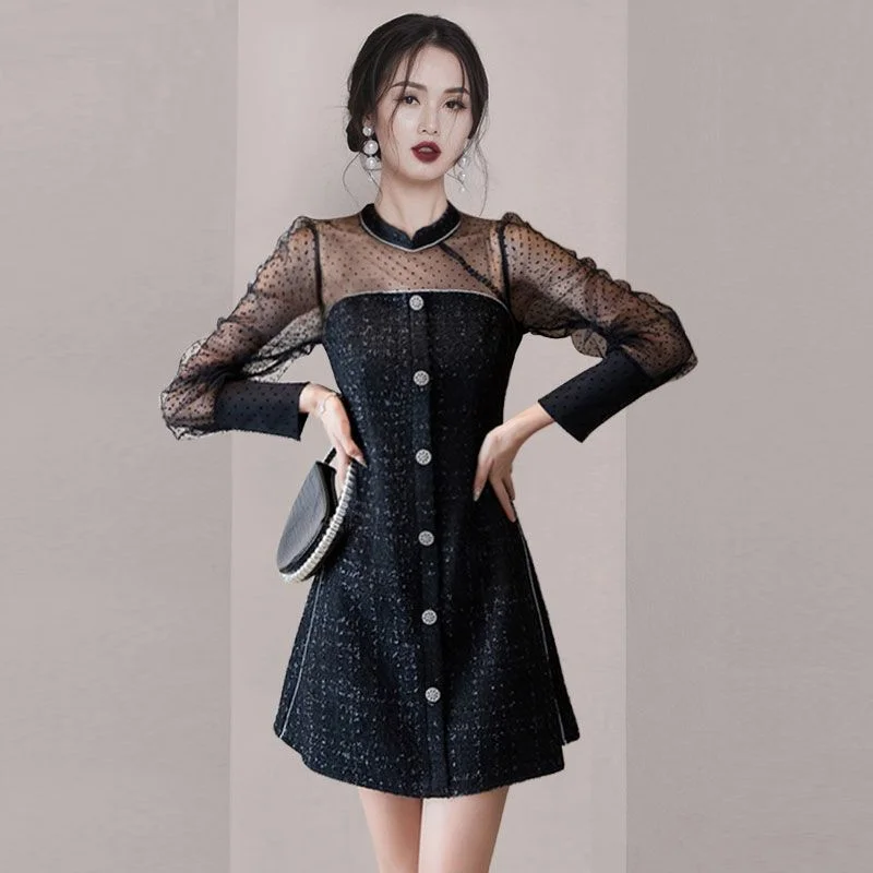 Dotted Mesh Panel Tweed Sheath Dress YP77