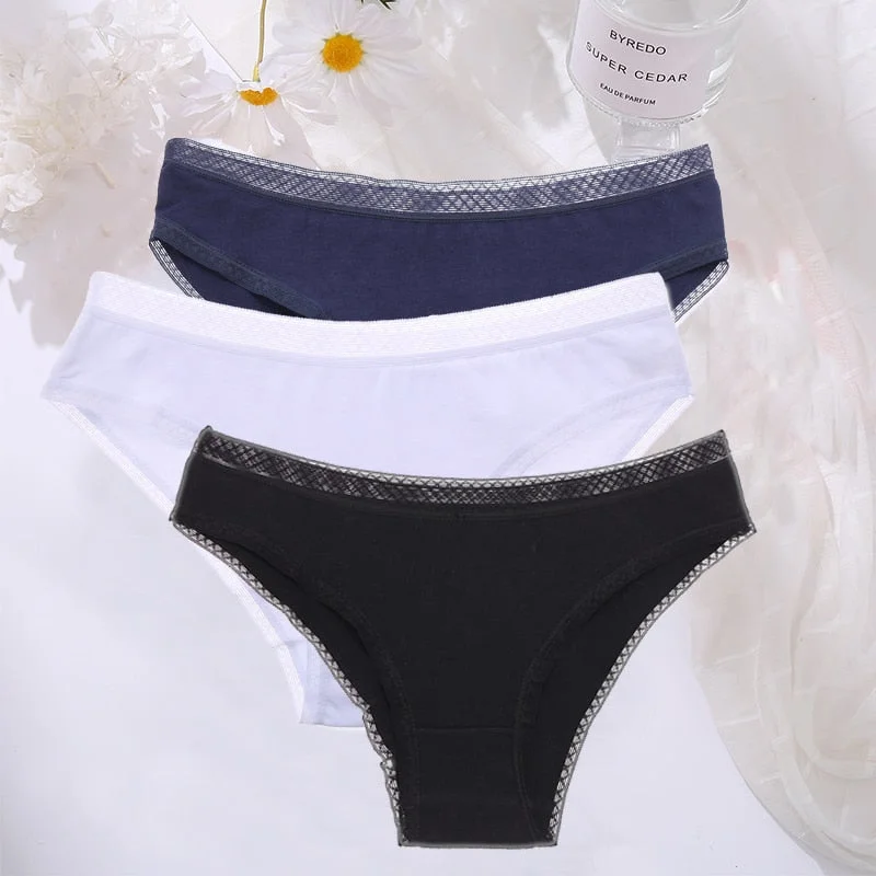 FINETOO 3PCS/Set Cotton Women Mesh Panties Sexy Perspective Lingerie Femme Underwear Girl Underpant Breathable Woman Panty Tanga