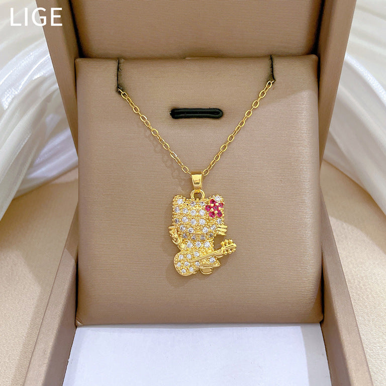Guitar Flower Cat Full Diamond Gorgeous Full Diamond Necklace Women'S All-Match Clavicle Chain Titanium Steel