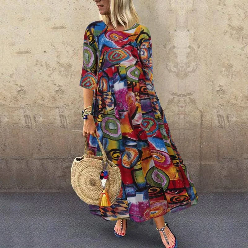 Autumn Summer Dress Women Vintage Vestidos ZANZEA 2022 Pleated Printed Long Maxi Dresses Tunic Party Femme 3/4 Sleeve