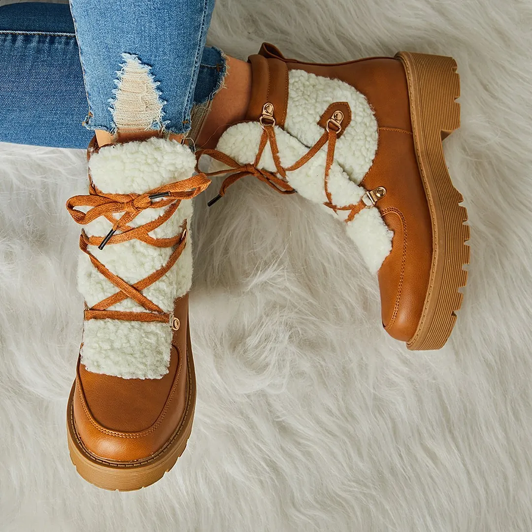 Women Faux Shearling Stiching Lace Up Snow Boots