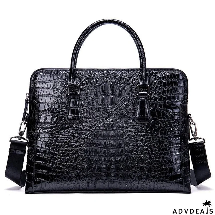 Men's Crocodile Pattern Design Leather Business Double Zipper Laptop Bag Crossbody Bag