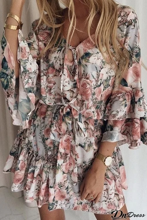 Floral Print Flares Sleeve Ruffles Mini Dress