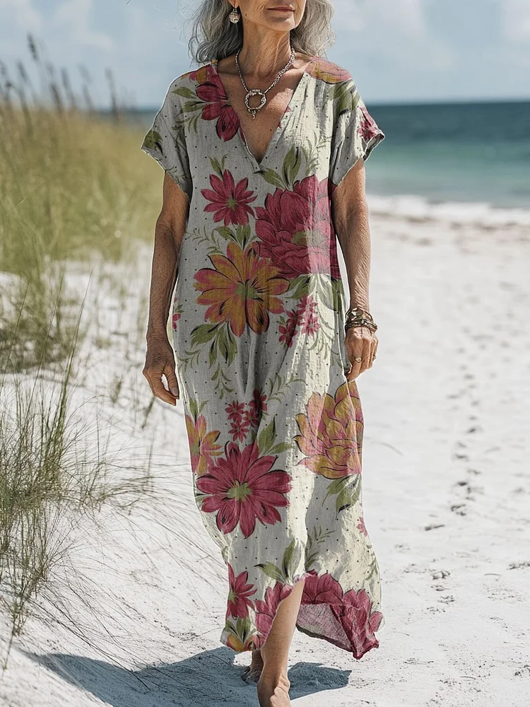 Women's Vintage Flower Art Print Pocket Cotton Dress
