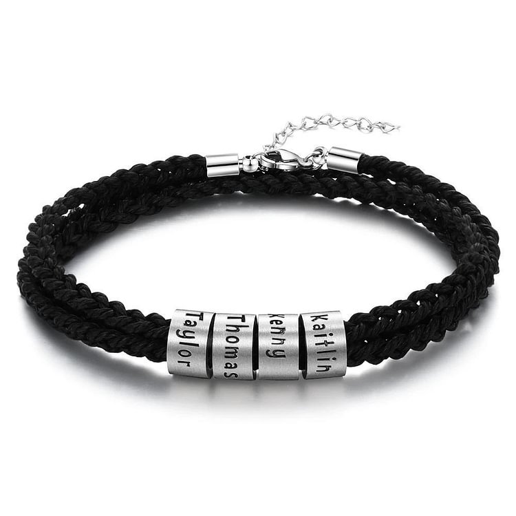 Pulsera de cuero trenzado ajustable Pulsera de hombre con 4 nombres personalizados con 4 cuentas