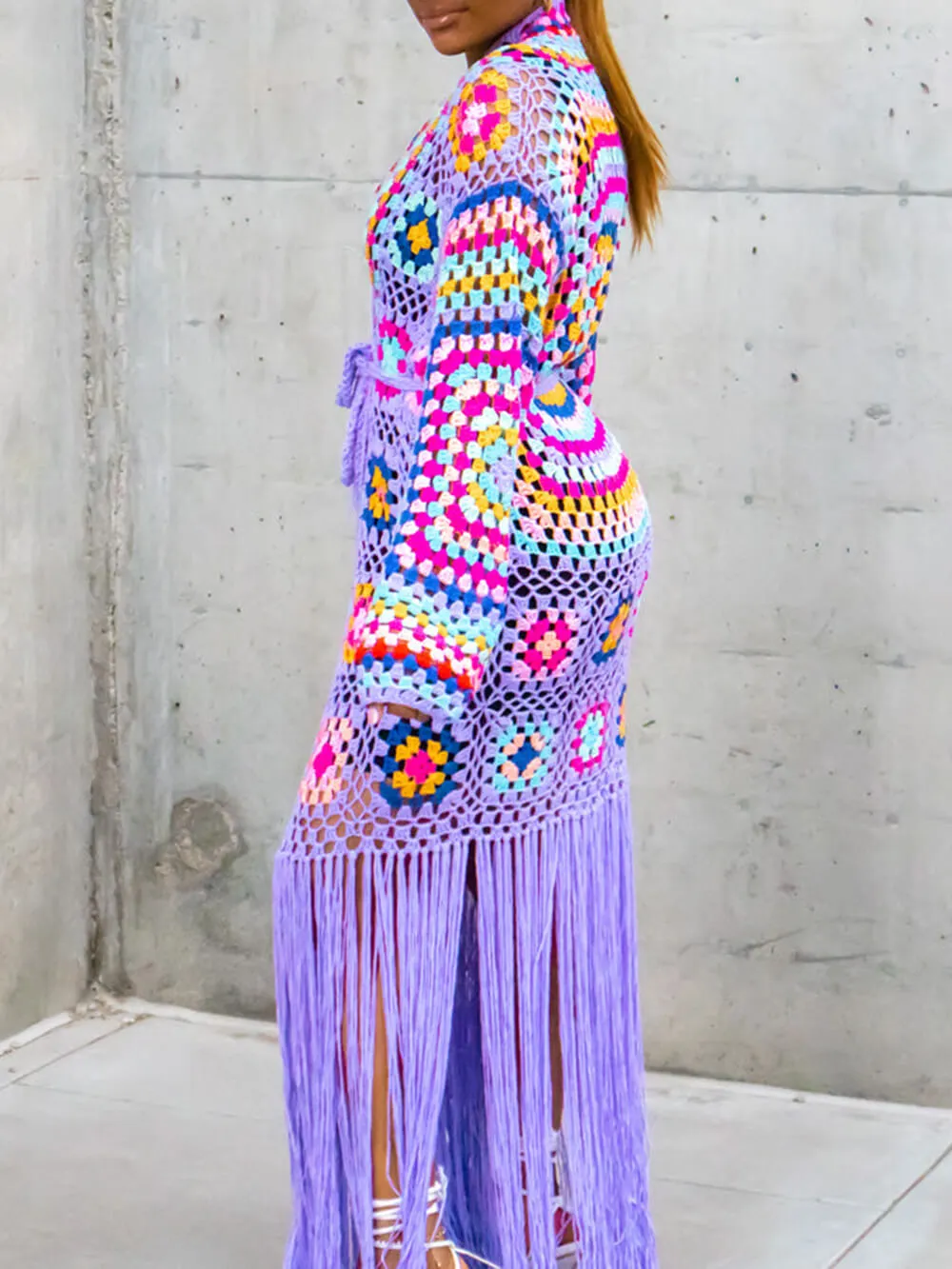 Elan - Color Detailed Long Crochet Cardigan