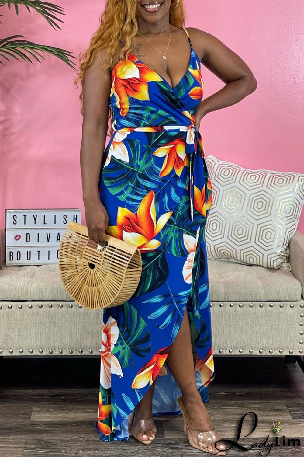 Green Sexy Casual Print Bandage Backless V Neck Sling Dress