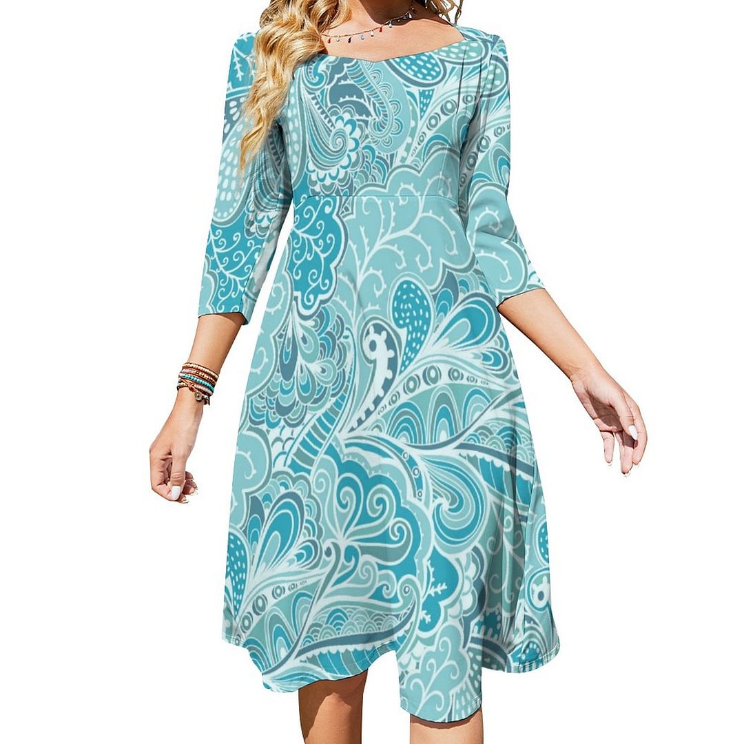 Teal Blue And White Elegant Artsy Abstract Dress Sweetheart Tie Back Flared 3/4 Sleeve Midi Dresses