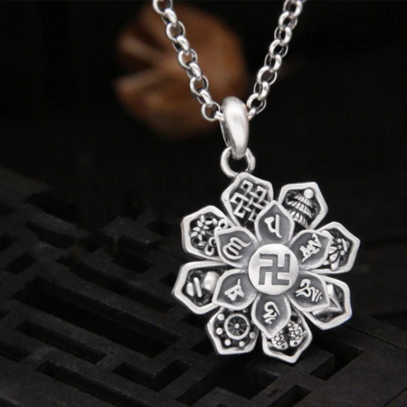 Om Mani Padme Hum Lotus 999 Sterling Silver Swastika Purity Rotatable Necklace Ring