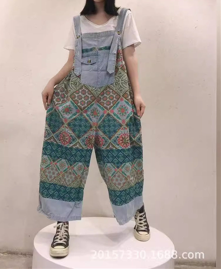 Women's Casual Retro Cropped Workwear Denim Overalls Jumpsuit