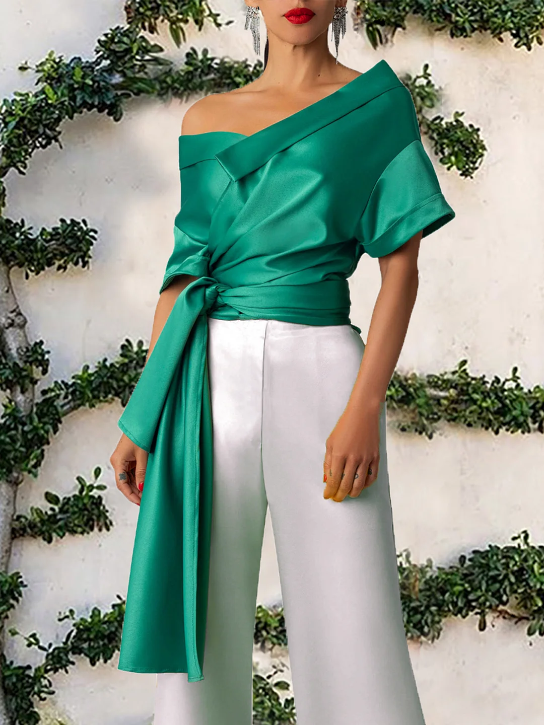 Satin Off-shoulder Short Sleeve Belted Blouses