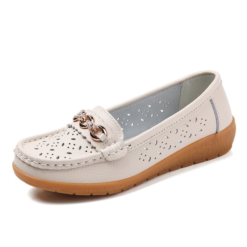Summer Women Casual Shoes Leather Ladies Breathable Flats Shoes Cut Out Women's Loafer Office Slip-on Moccasins Plus Size 35-42