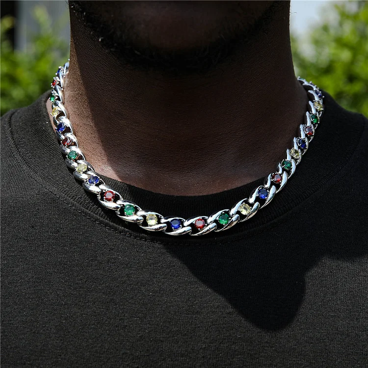 10MM Colorful Stones Cuban Link Iced Out Chain Hip Hop Jewelry-VESSFUL