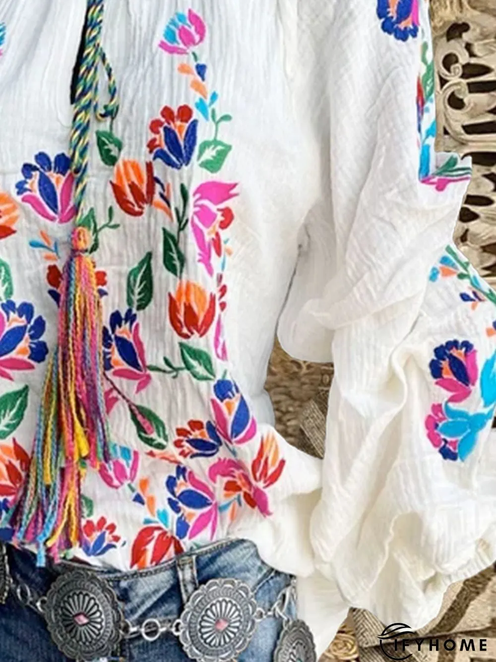 Cotton-Blend Casual Floral Long Sleeve Top | IFYHOME