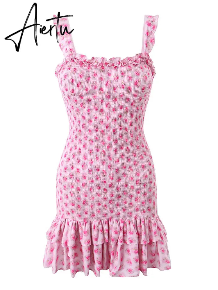 Romantic Pink Flower Print Corset Ruched Elastic Body Sling Mini Dress Woman Wood ears Ruffles Hem Package Hips Holiday Robe Aiertu