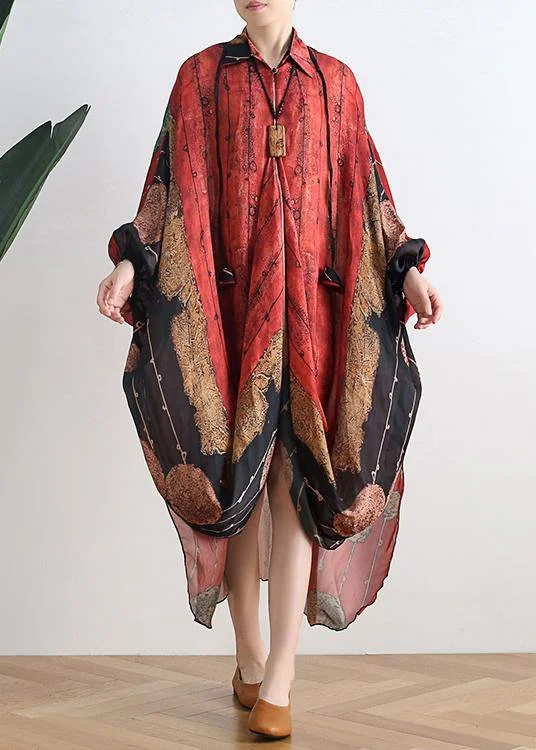 Elegant red print clothes For Women Plus Size lapel asymmetric Maxi Summer Dress