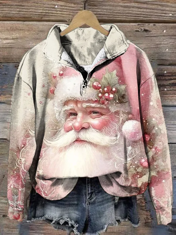 Vintage Pink Christmas Santa Print Zip Lapel Sweatshirt