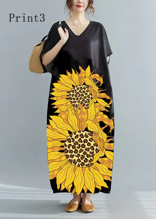 VCSHOES Loose Black-print3 V Neck Oversized Leaf Print Chiffon Long Dress Short Sleeve