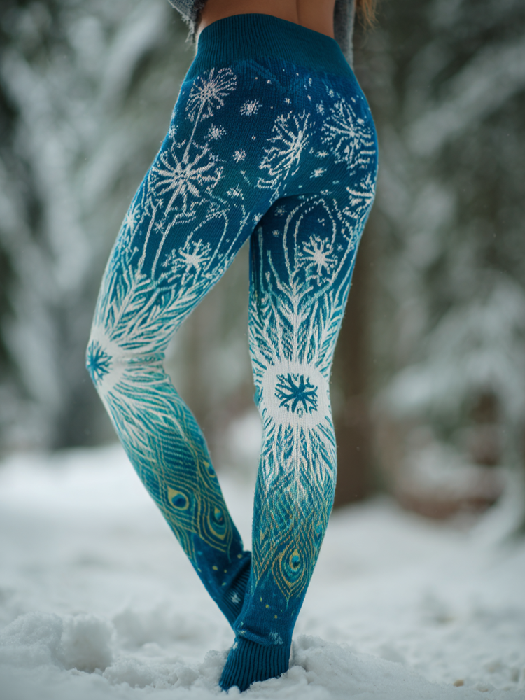 Ice And Snow Peacock Pattern Printed Women's Winter Knitted Tight-fitting Leggings elevenforest