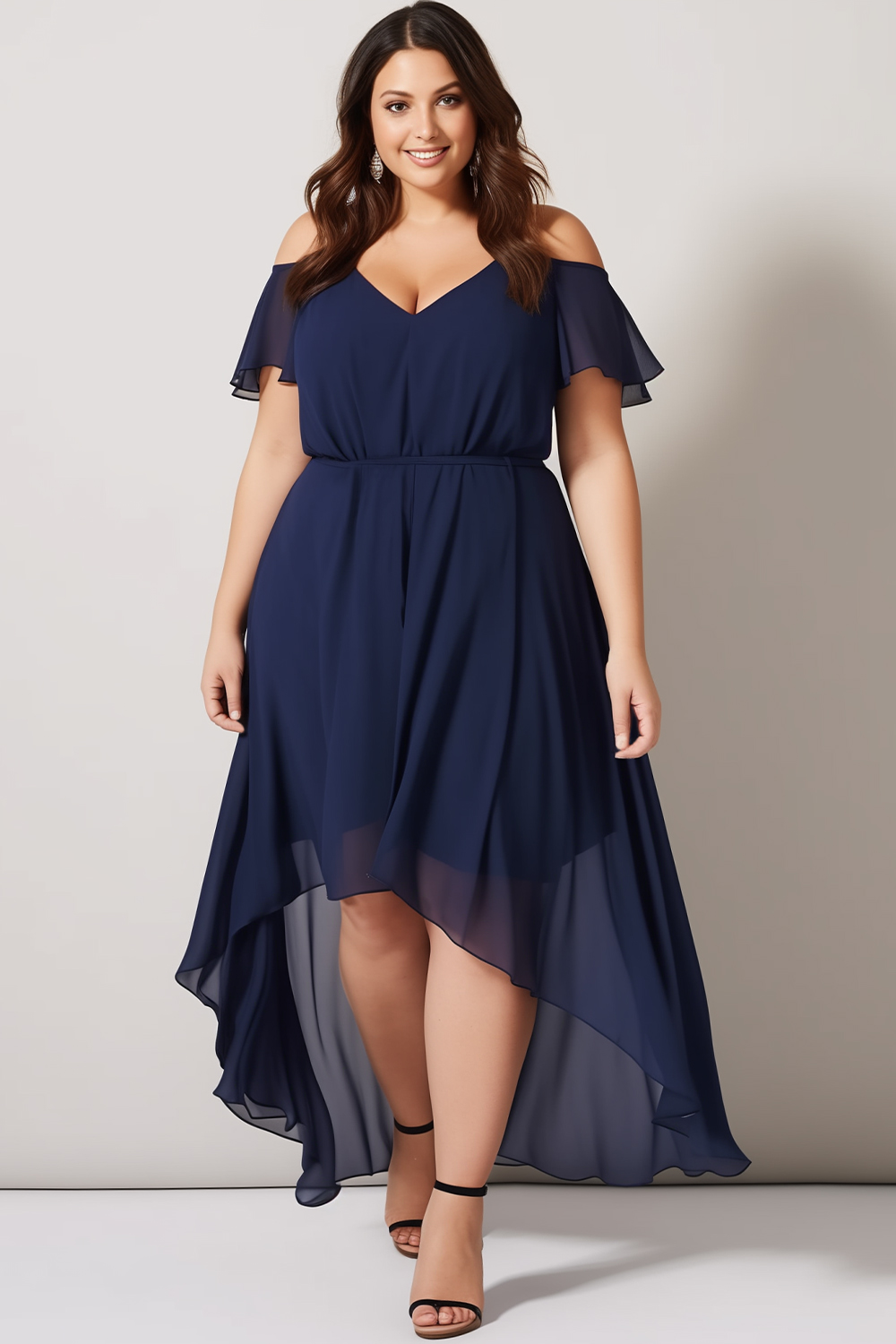 Flycurvy Plus Size Wedding Guest Navy Blue Chiffon Flutter Sleeve Cold Shoulder High Low Hem Maxi Dress