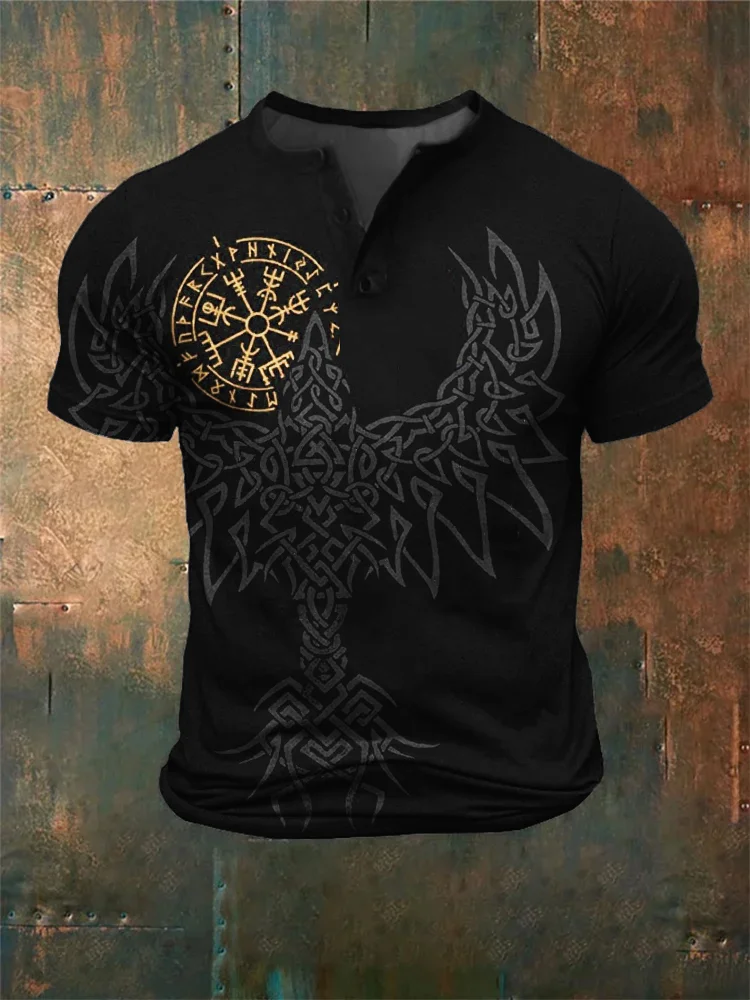 Men's Viking Vegvisir Celtic Raven Graphic Henley Shirt
