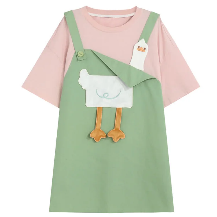 Cartoon Duck Embroidery Fake Two Pieces Loose T-Shirt Dress - Modakawa modakawa