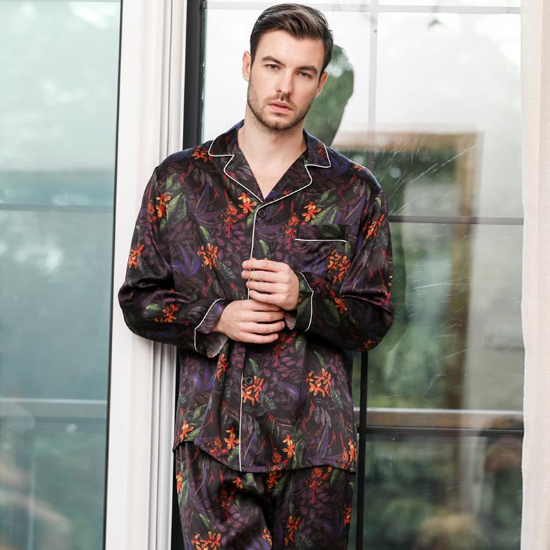22 Momme Black Printed Silk Pajamas Set for Men Front View