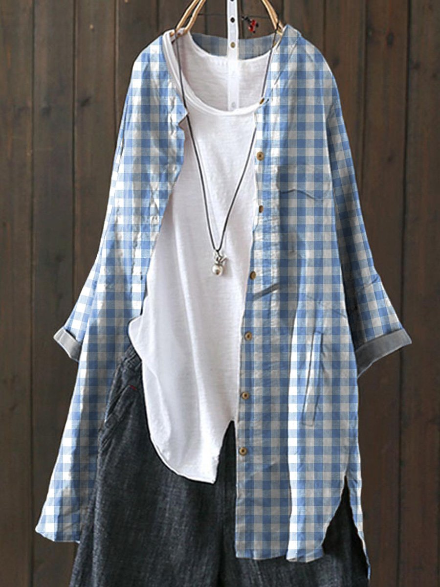 Blue And White Plaid Pattern Printed Women's Loose Casual Top Jacket
