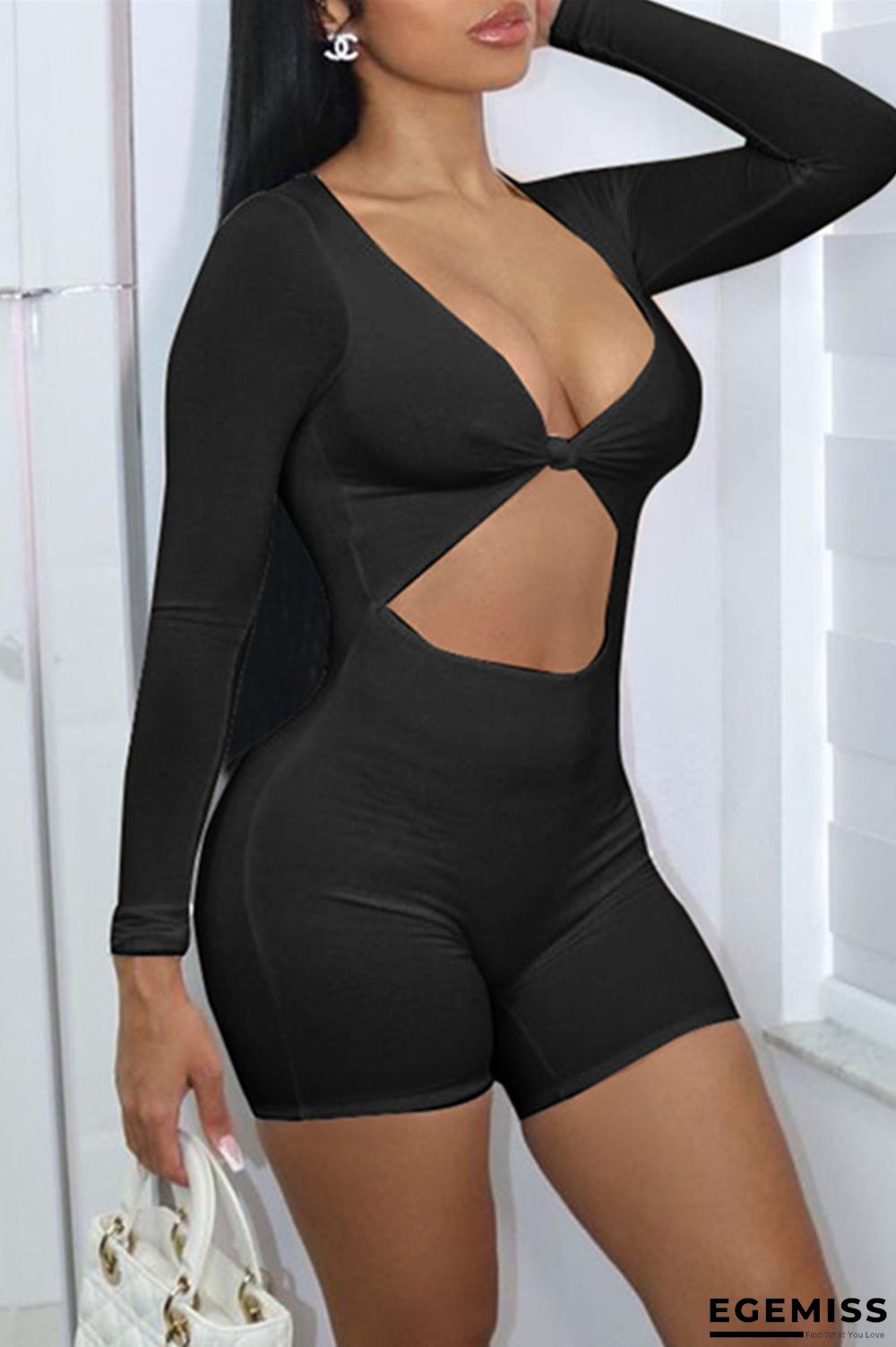 Black Sexy Casual Solid Hollowed Out V Neck Skinny Romper | EGEMISS