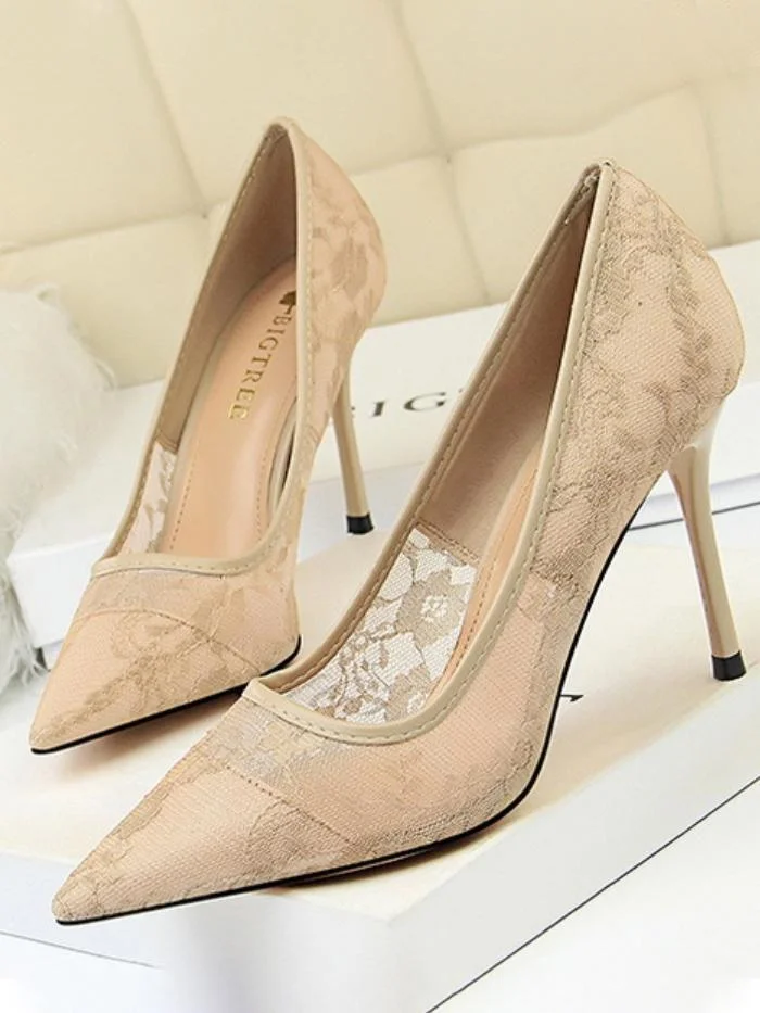 Sexy stiletto high heel shallow mouth pointed toe mesh hollow lace single shoes