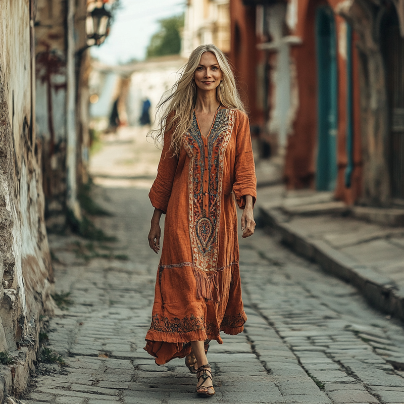 Ethnic Embroidery Vintage Casual Linen Dress 8bcb