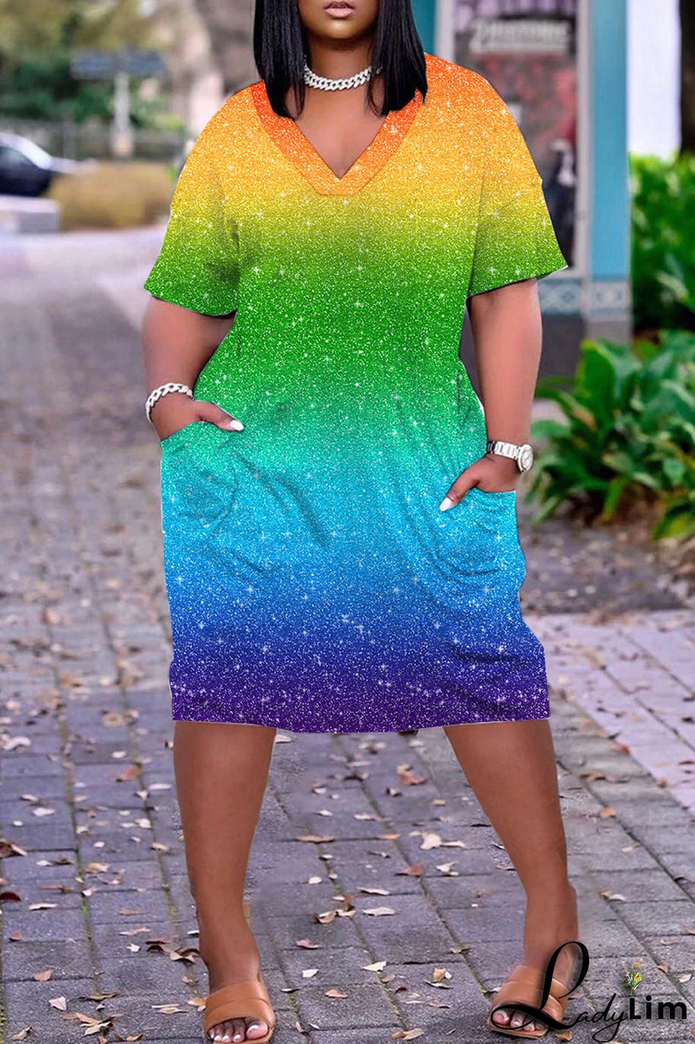 Orange Green Casual Print Patchwork V Neck Short Sleeve Dress