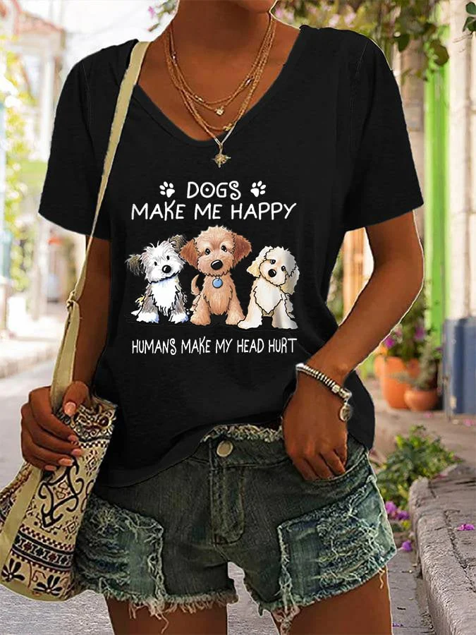 Women's Dogs Make Me Happy Humans Make My Head Hurt Print Casual T-Shirt