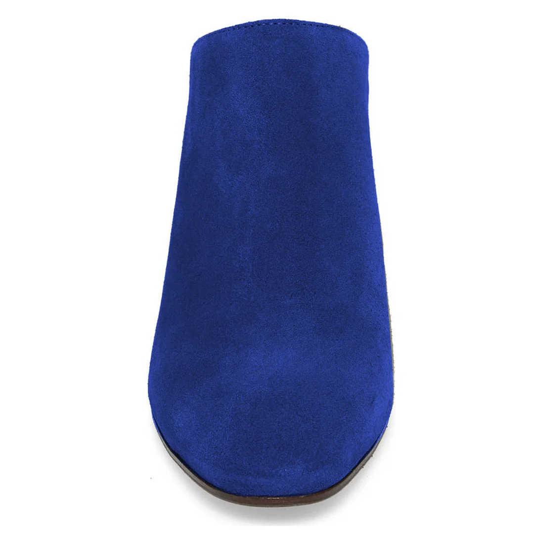 Royal Blue Slip-On Round Toe Mules for Women with Block Heel