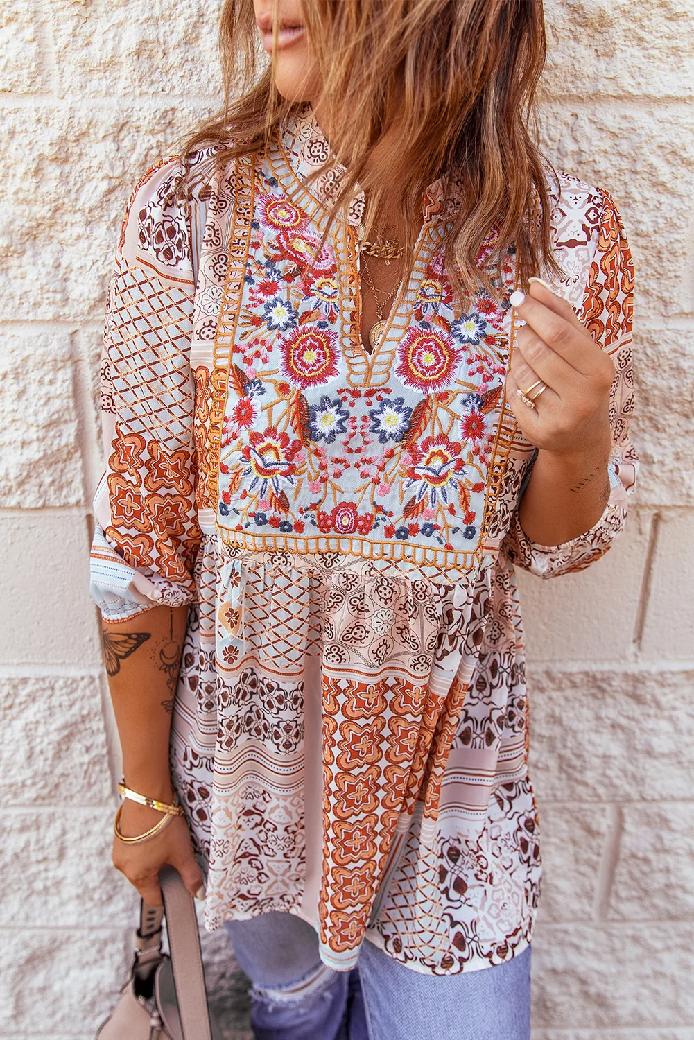 V-Neck Embroidered Boho Babydoll Top | IFYHOME