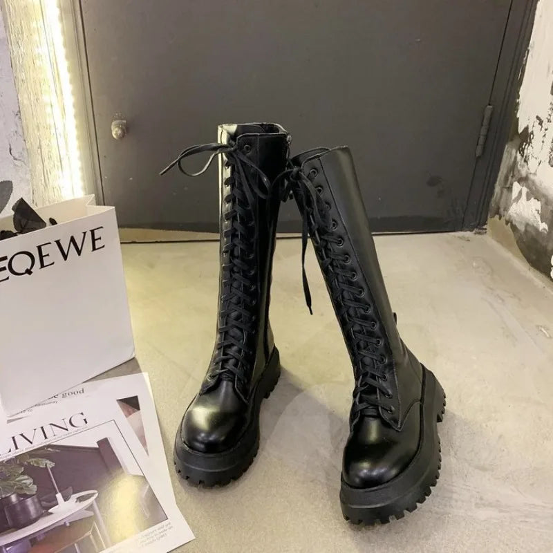 Chunky Platform Women Long Boots Pu Leather Knee High Boots Women Punk Female Lace Up Booties Mujer Chelsea Women Shoes Aiertu