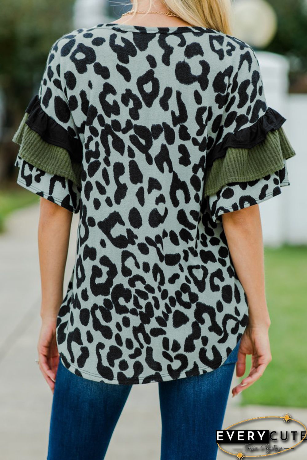 Olive Green Leopard Ruffled Sleeves Top
