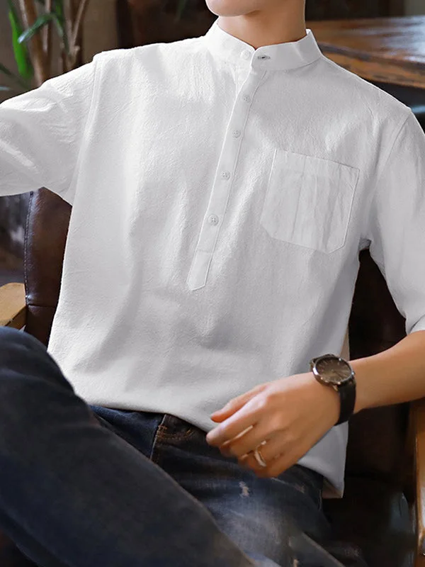 Aonga - Mens Solid Cotton&Linen Stand Collar Shirt