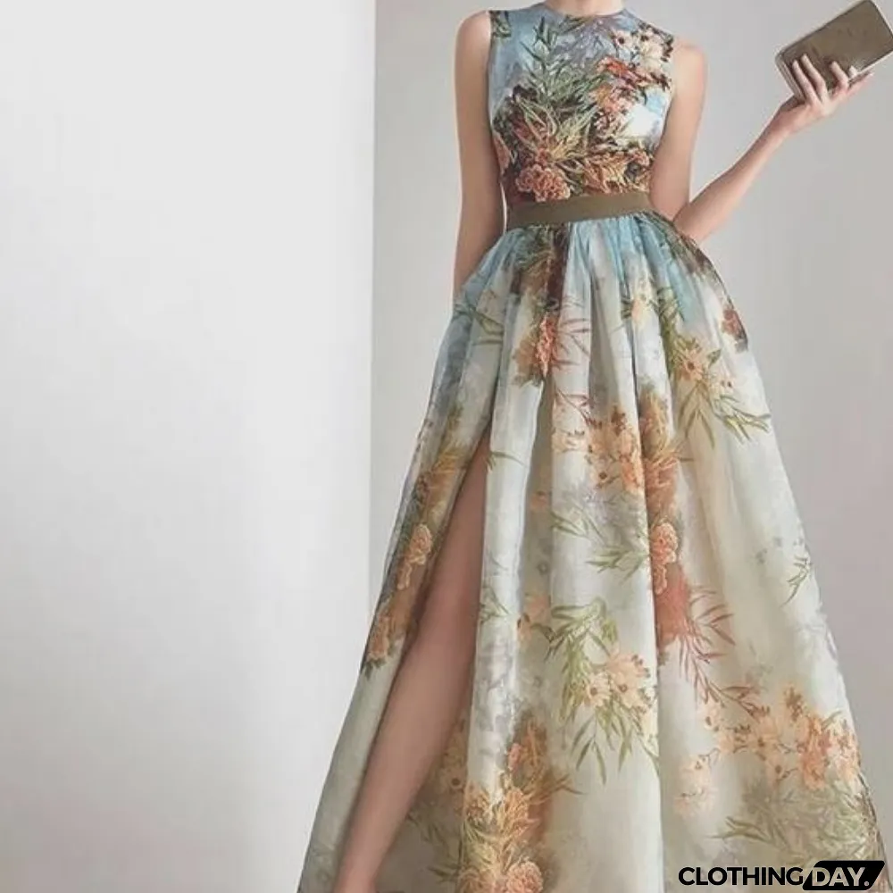 Women Print Sleeveless O-neck Side Split High Wedding Guest Dresses
