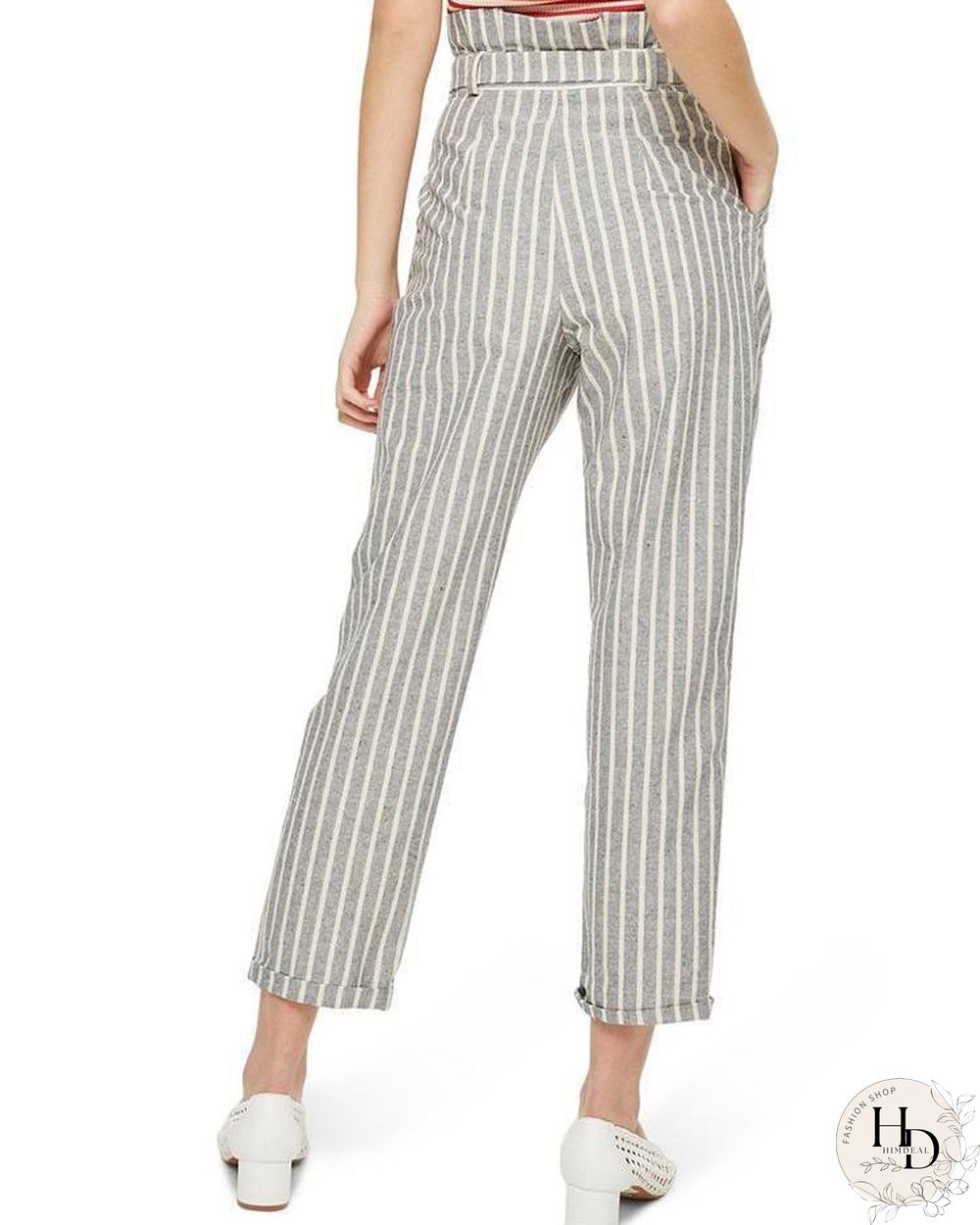 Striped Belted High Waist Roll Up Hem Pants P15550