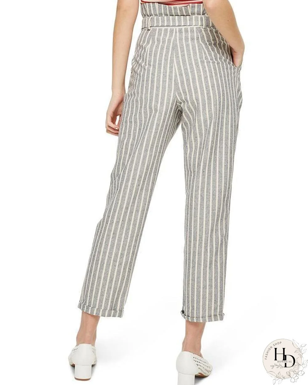 Striped Belted High Waist Roll Up Hem Pants P15550