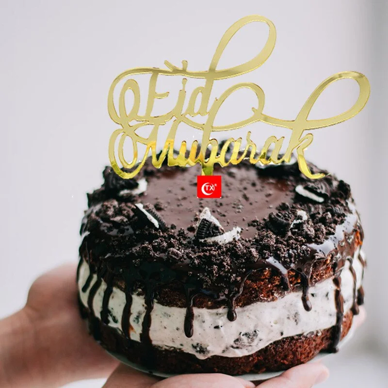 Eid Mubarak Cake Topper Gold Acrylic Cupcake Topper for Hajj Ramadan Mubarak Kareem Cake Decorations Muslim Baking Cake Supplies