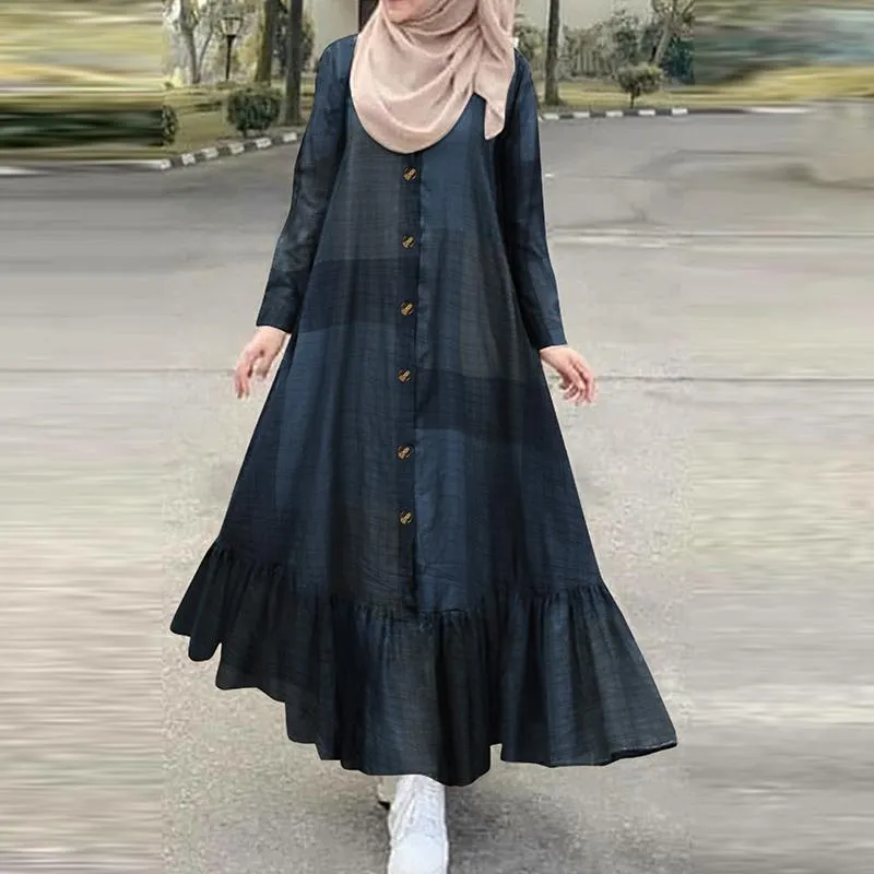 Vintage Check Muslim Dress Women's Autumn Sundress 2022 ZANZEA Casual Long Sleeve Ruffle Vestidos Female Button Printed Robe